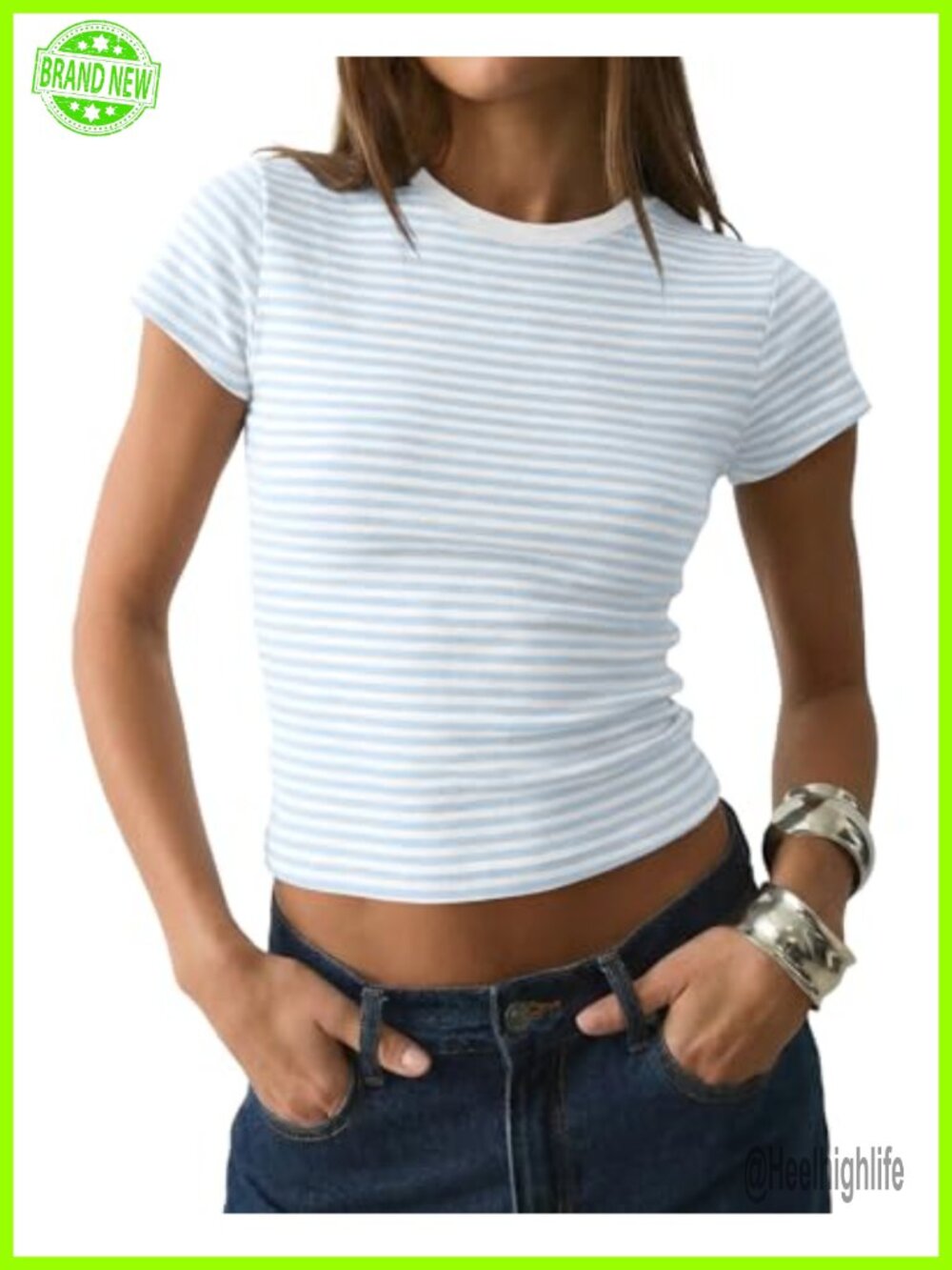 Women's Striped Crop T-Shirt Slim Fit Crewneck Short Sleeve Summer Top
